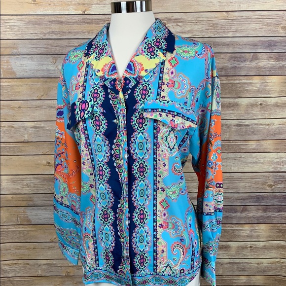 Floryday Tops - Floryday Sz Med Blue/Orange Pattern Blouse